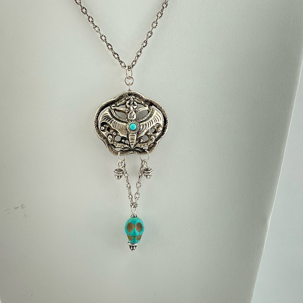 Moth & Skull Pendant Necklace, Handmade, 18" L, Goth, Spooky, Witchy - Picture 2 of 9